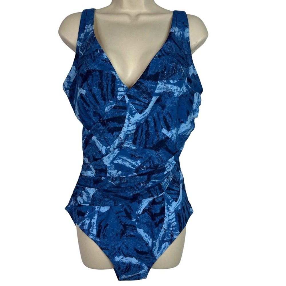 LL.Bean One Piece Swimsuit 16 Reg Blue Tropical Leaf Print Tummy Control UPF 50+